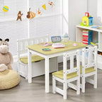 Mesa y sillas de actividades de madera Costway 4 piezas con banco de almacenamiento, escritorio de estudio, color natural/gris