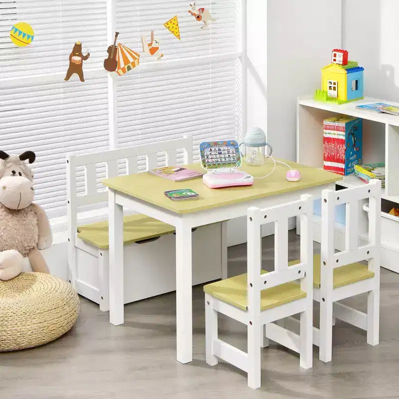 Mesa y sillas de actividades de madera Costway 4 piezas con banco de almacenamiento, escritorio de estudio, color natural/gris