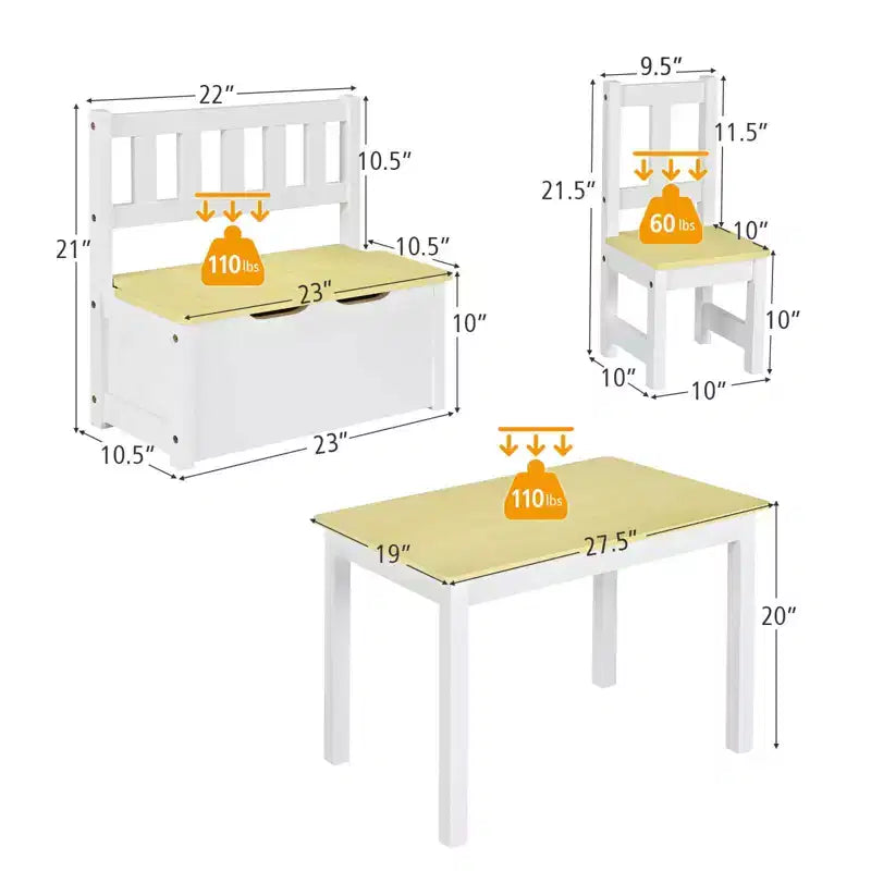 Mesa y sillas de actividades de madera Costway 4 piezas con banco de almacenamiento, escritorio de estudio, color natural/gris