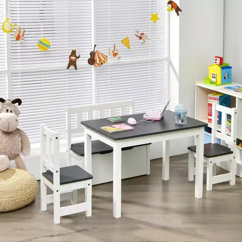 Mesa y sillas de actividades de madera Costway 4 piezas con banco de almacenamiento, escritorio de estudio, color natural/gris