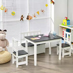 Mesa y sillas de actividades de madera Costway 4 piezas con banco de almacenamiento, escritorio de estudio, color natural/gris