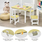 Mesa y sillas de actividades de madera Costway 4 piezas con banco de almacenamiento, escritorio de estudio, color natural/gris