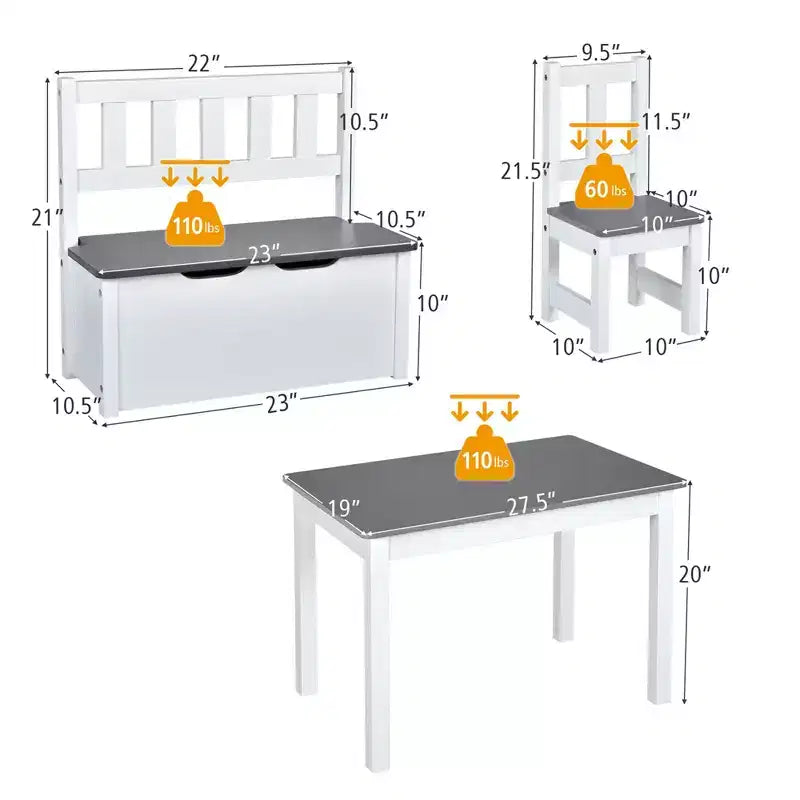 Mesa y sillas de actividades de madera Costway 4 piezas con banco de almacenamiento, escritorio de estudio, color natural/gris