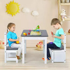 Mesa y sillas de actividades de madera Costway 4 piezas con banco de almacenamiento, escritorio de estudio, color natural/gris