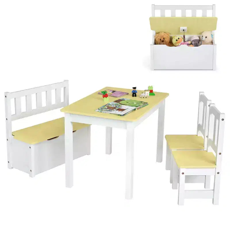 Mesa y sillas de actividades de madera Costway 4 piezas con banco de almacenamiento, escritorio de estudio, color natural/gris