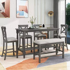 Juego de mesa de comedor de altura de mostrador Whisen de 6 piezas con estante, 4 sillas y un banco