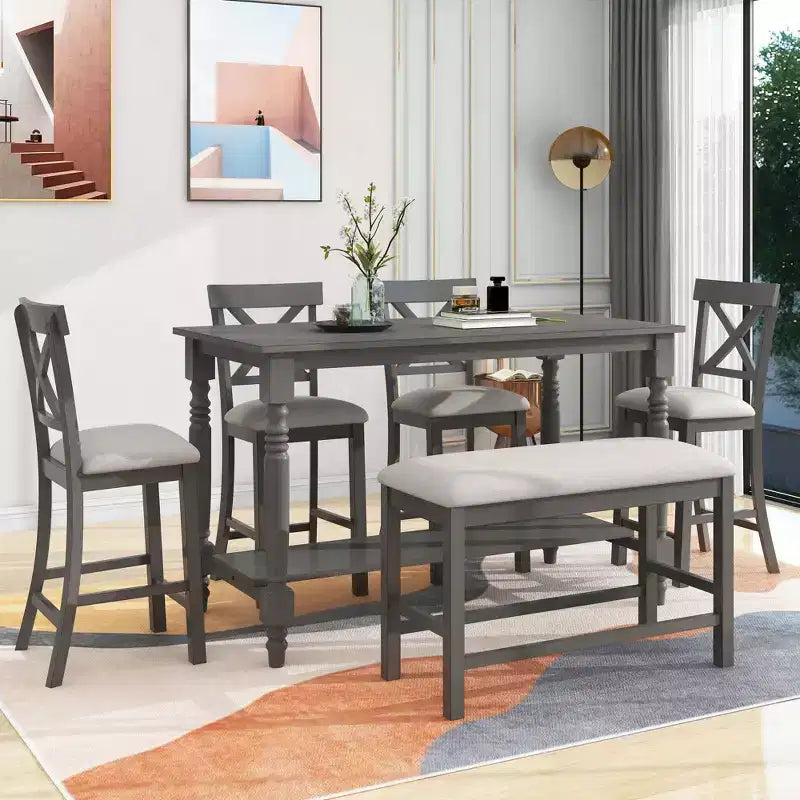 Juego de mesa de comedor de altura de mostrador Whisen de 6 piezas con estante, 4 sillas y un banco