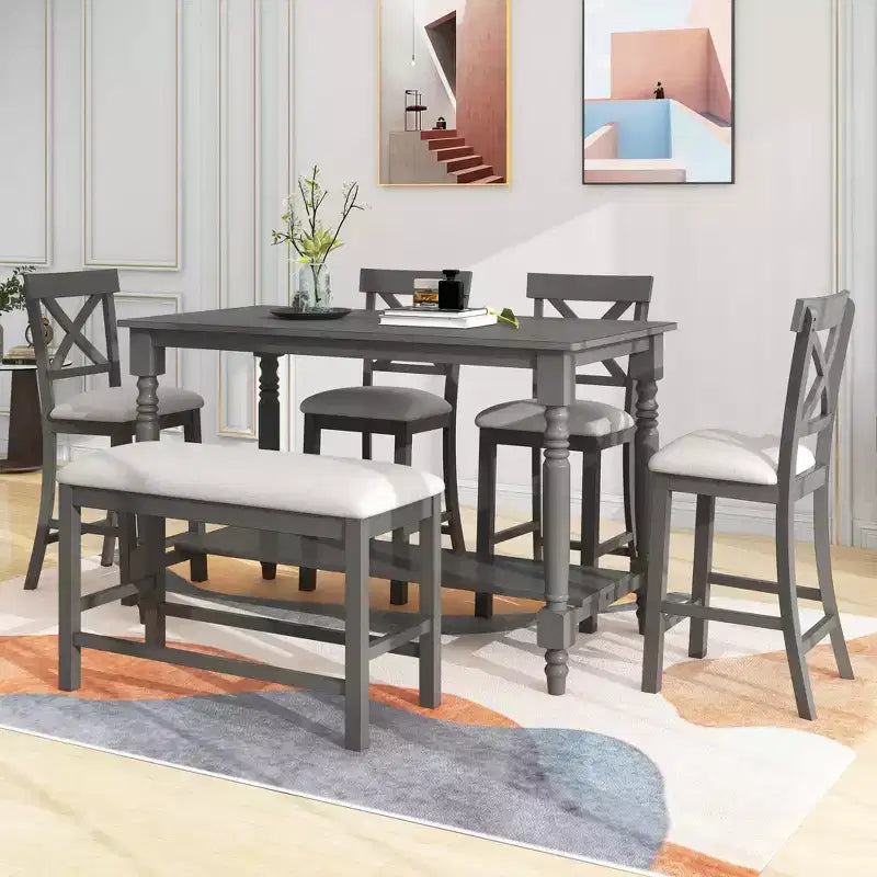 Juego de mesa de comedor de altura de mostrador Whisen de 6 piezas con estante, 4 sillas y un banco