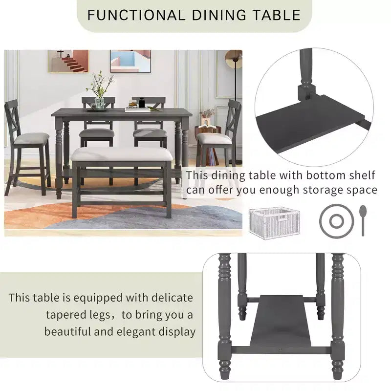 Juego de mesa de comedor de altura de mostrador Whisen de 6 piezas con estante, 4 sillas y un banco