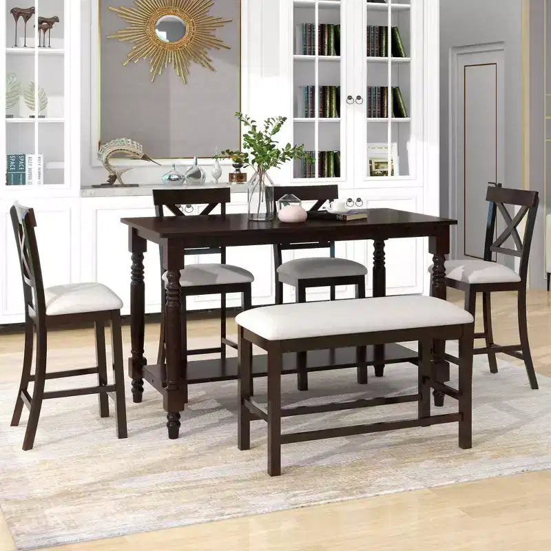 Juego de mesa de comedor de altura de mostrador Whisen de 6 piezas con estante, 4 sillas y un banco