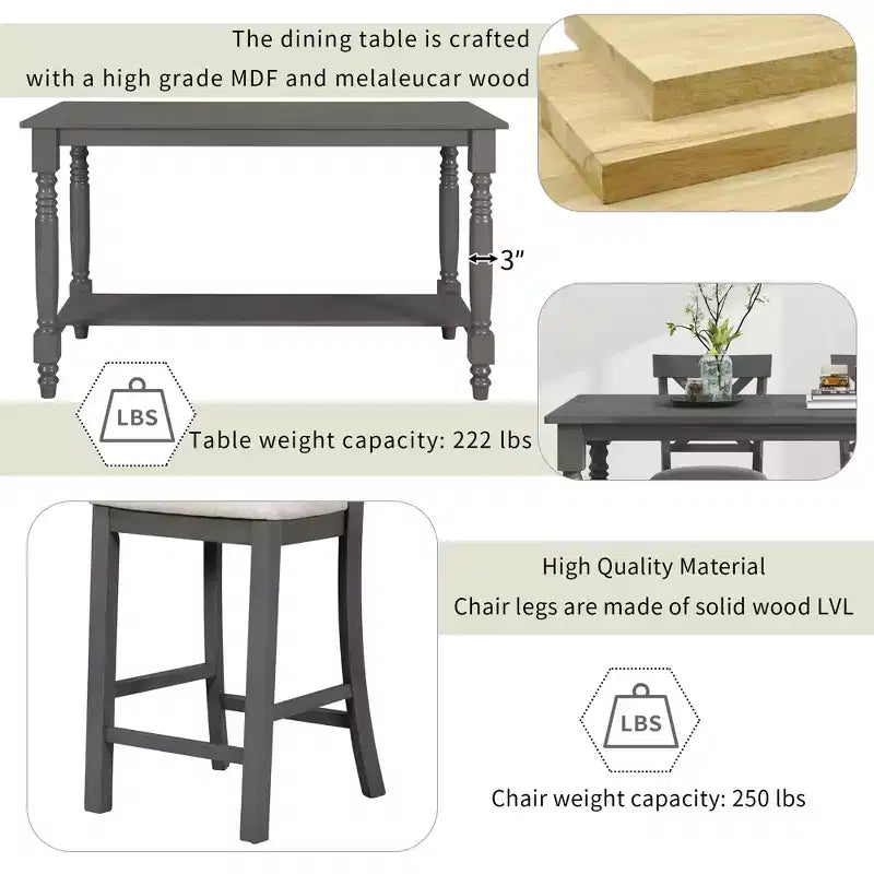 Juego de mesa de comedor de altura de mostrador Whisen de 6 piezas con estante, 4 sillas y un banco