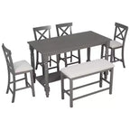 Juego de mesa de comedor de altura de mostrador Whisen de 6 piezas con estante, 4 sillas y un banco