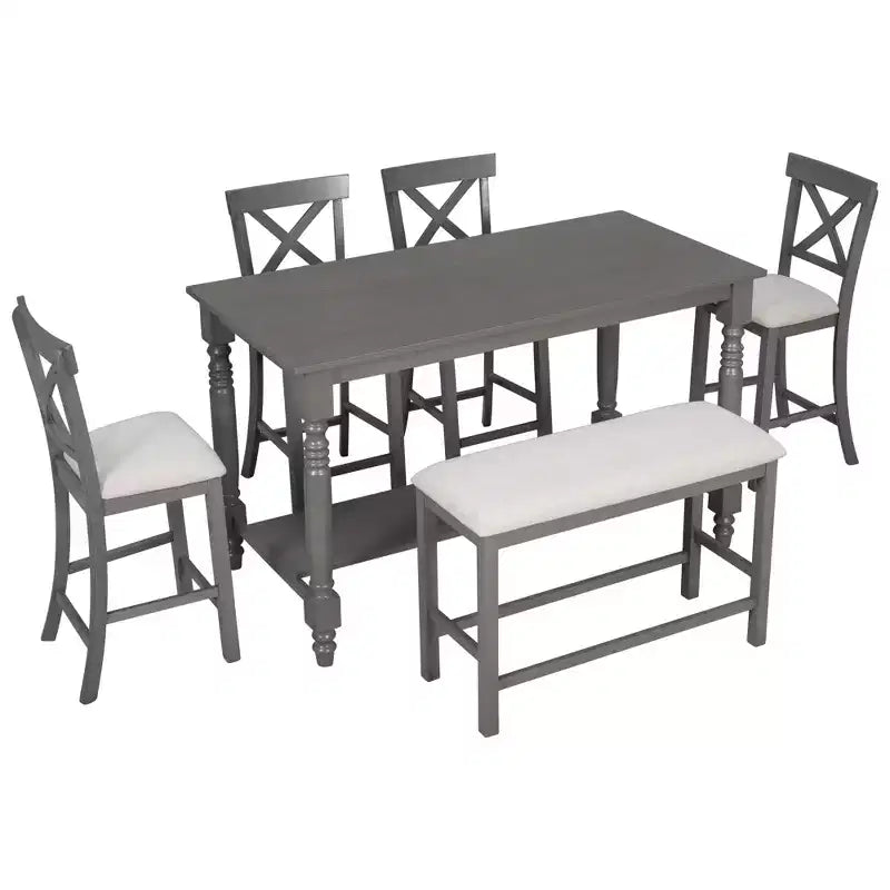 Juego de mesa de comedor de altura de mostrador Whisen de 6 piezas con estante, 4 sillas y un banco