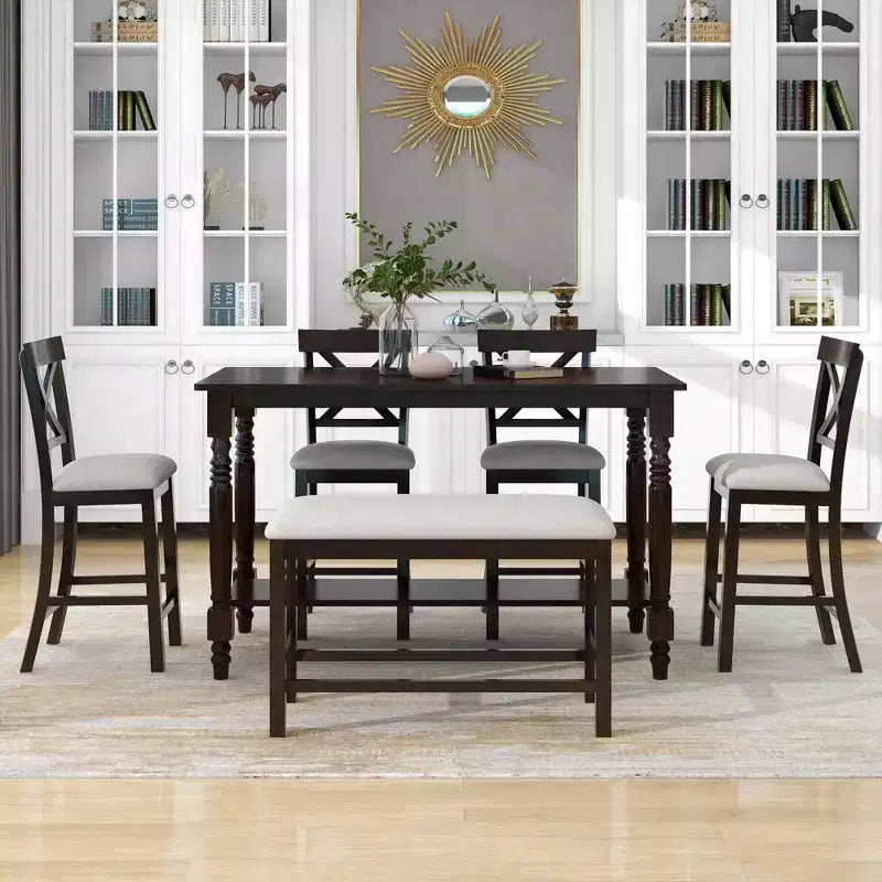 Juego de mesa de comedor de altura de mostrador Whisen de 6 piezas con estante, 4 sillas y un banco