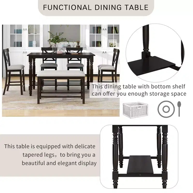 Juego de mesa de comedor de altura de mostrador Whisen de 6 piezas con estante, 4 sillas y un banco