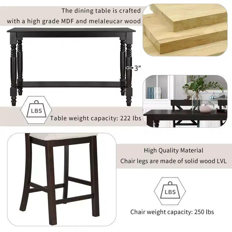 Juego de mesa de comedor de altura de mostrador Whisen de 6 piezas con estante, 4 sillas y un banco