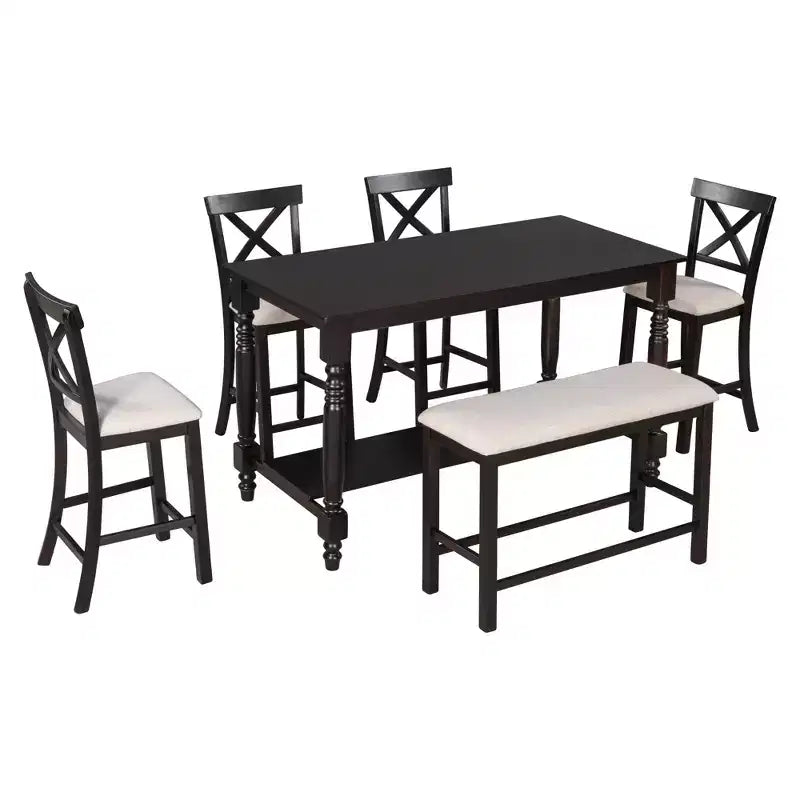 Juego de mesa de comedor de altura de mostrador Whisen de 6 piezas con estante, 4 sillas y un banco