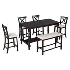 Juego de mesa de comedor de altura de mostrador Whisen de 6 piezas con estante, 4 sillas y un banco