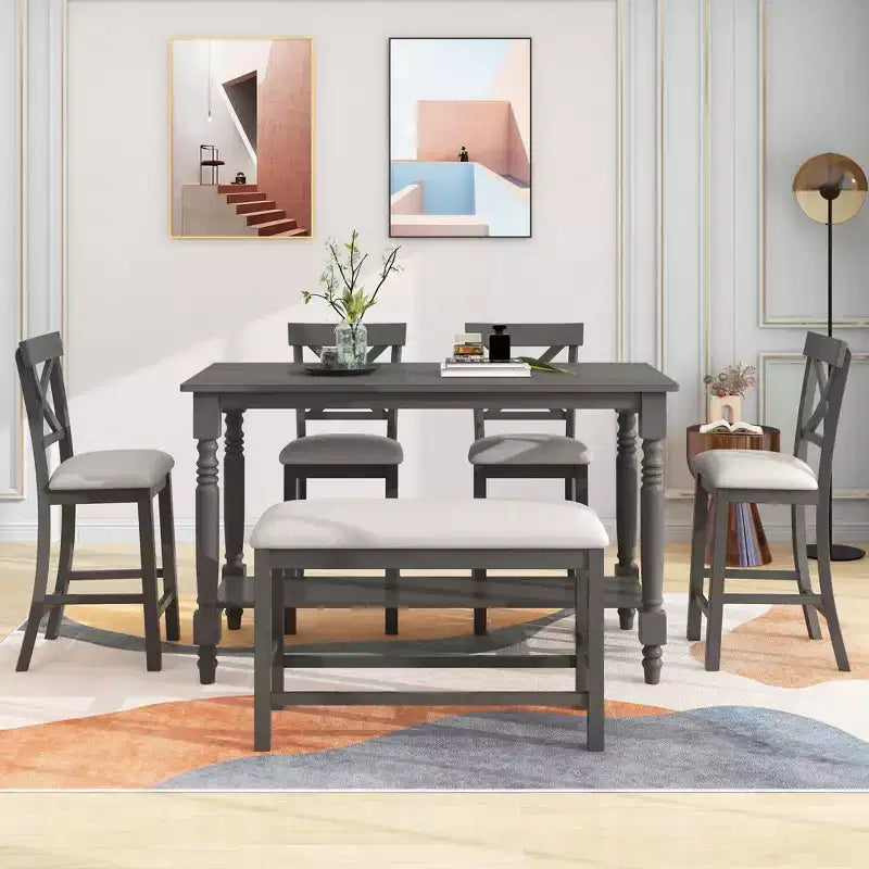 Juego de mesa de comedor de altura de mostrador Whisen de 6 piezas con estante, 4 sillas y un banco