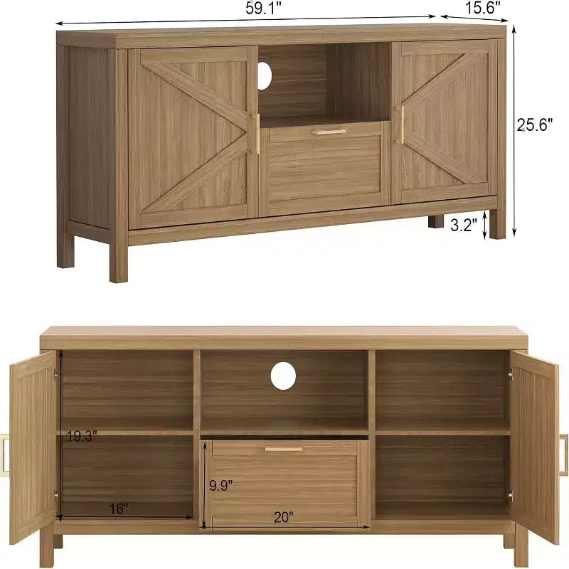 Mueble para TV de granja para televisores de hasta 65", centro de entretenimiento con estantes ajustables y almacenamiento.
