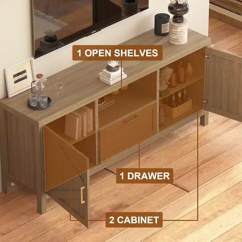 Mueble para TV de granja para televisores de hasta 65", centro de entretenimiento con estantes ajustables y almacenamiento.