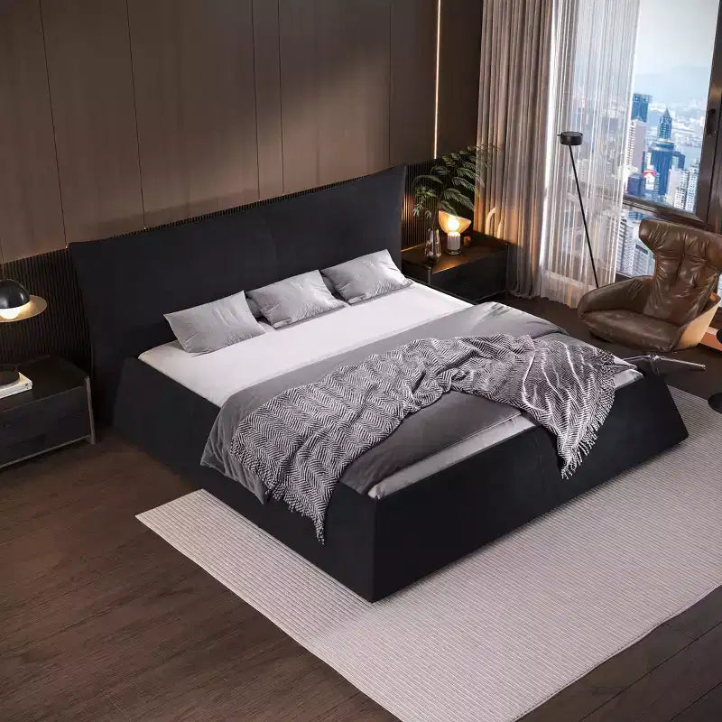 Cama con plataforma tapizada de madera maciza GDFStudio con cabecero de terciopelo con forma especial