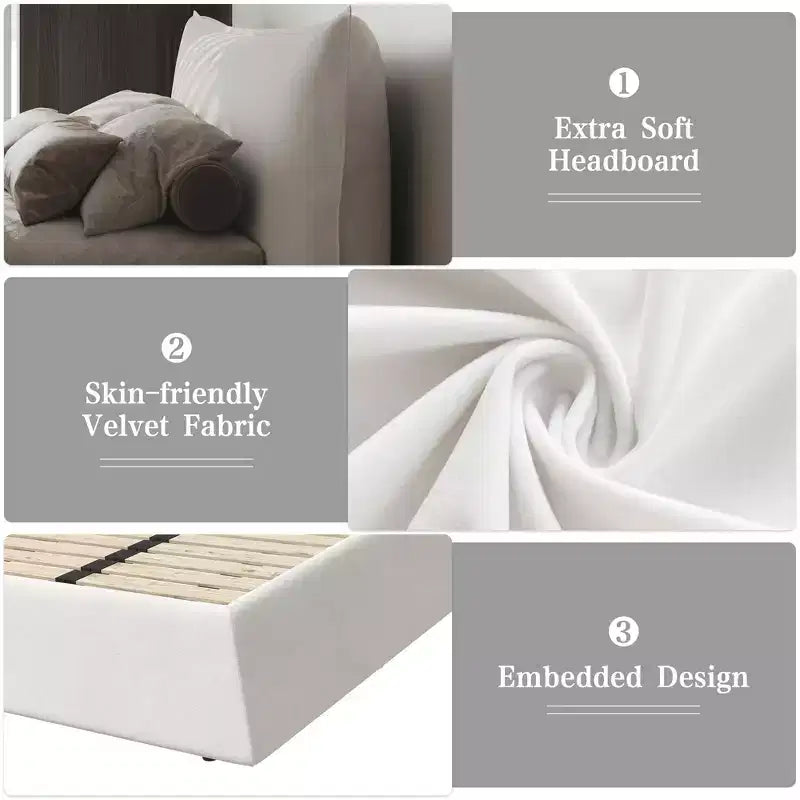 Cama con plataforma tapizada de madera maciza GDFStudio con cabecero de terciopelo con forma especial