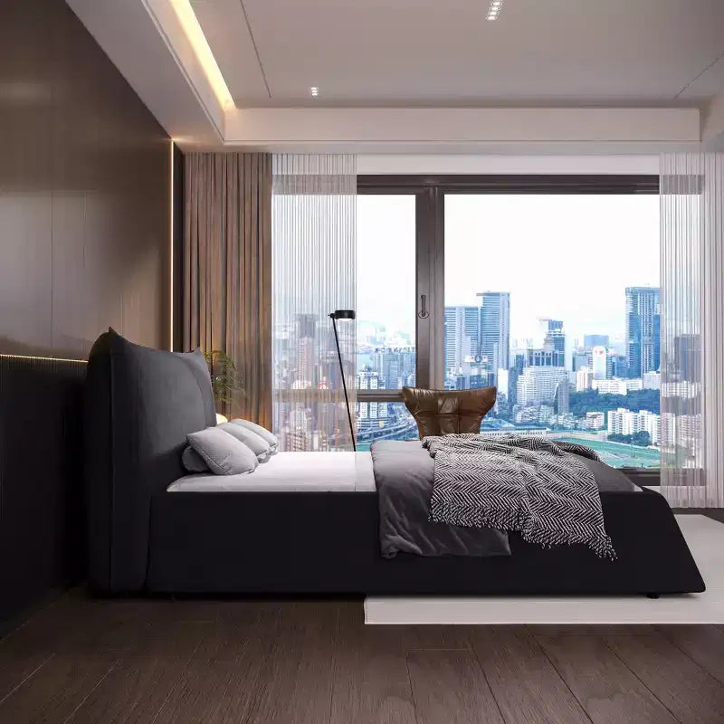 Cama con plataforma tapizada de madera maciza GDFStudio con cabecero de terciopelo con forma especial