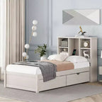 Base de cama individual moderna gris con puertos USB integrados, cabecero con estantería y dos cajones