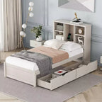 Base de cama individual moderna gris con puertos USB integrados, cabecero con estantería y dos cajones