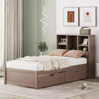 Base de cama individual moderna gris con puertos USB integrados, cabecero con estantería y dos cajones