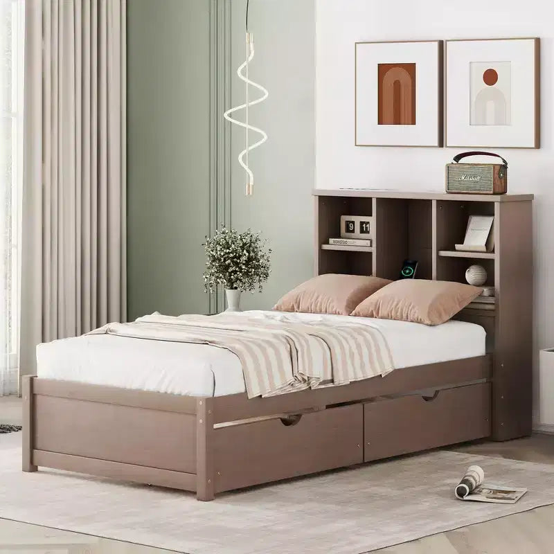 Base de cama individual moderna gris con puertos USB integrados, cabecero con estantería y dos cajones