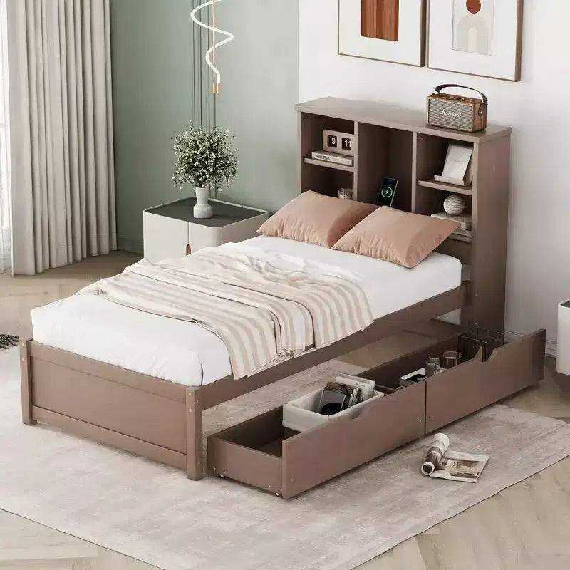 Base de cama individual moderna gris con puertos USB integrados, cabecero con estantería y dos cajones