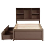 Base de cama individual moderna gris con puertos USB integrados, cabecero con estantería y dos cajones