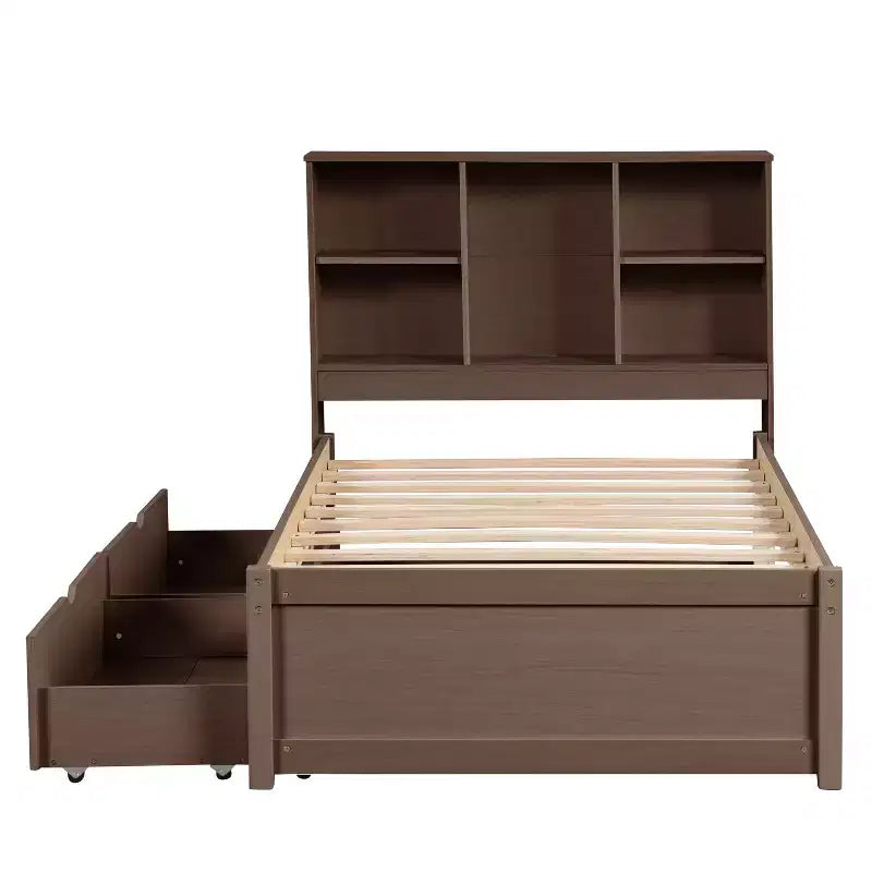 Base de cama individual moderna gris con puertos USB integrados, cabecero con estantería y dos cajones