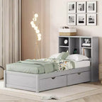 Base de cama individual moderna gris con puertos USB integrados, cabecero con estantería y dos cajones