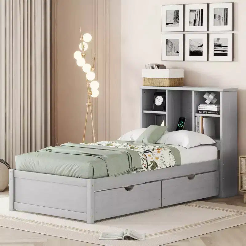 Base de cama individual moderna gris con puertos USB integrados, cabecero con estantería y dos cajones