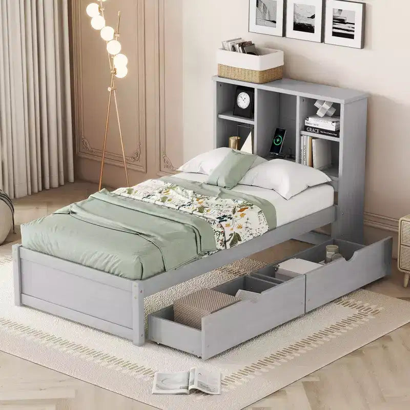 Base de cama individual moderna gris con puertos USB integrados, cabecero con estantería y dos cajones