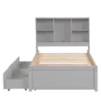 Base de cama individual moderna gris con puertos USB integrados, cabecero con estantería y dos cajones