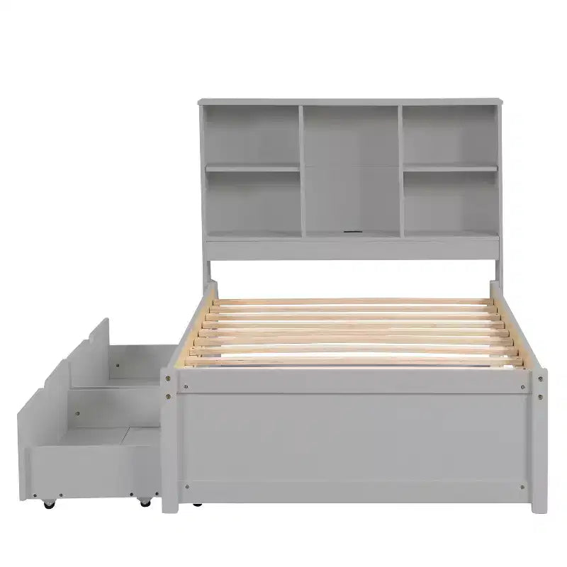 Base de cama individual moderna gris con puertos USB integrados, cabecero con estantería y dos cajones