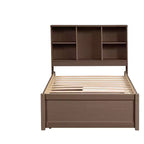 Base de cama individual moderna gris con puertos USB integrados, cabecero con estantería y dos cajones