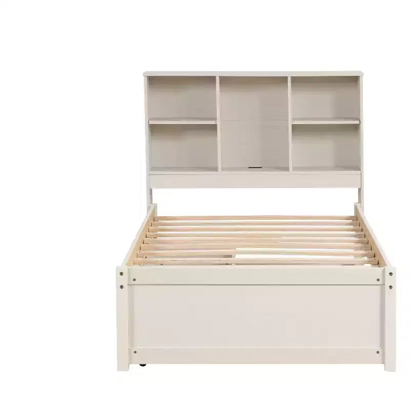 Base de cama individual moderna gris con puertos USB integrados, cabecero con estantería y dos cajones