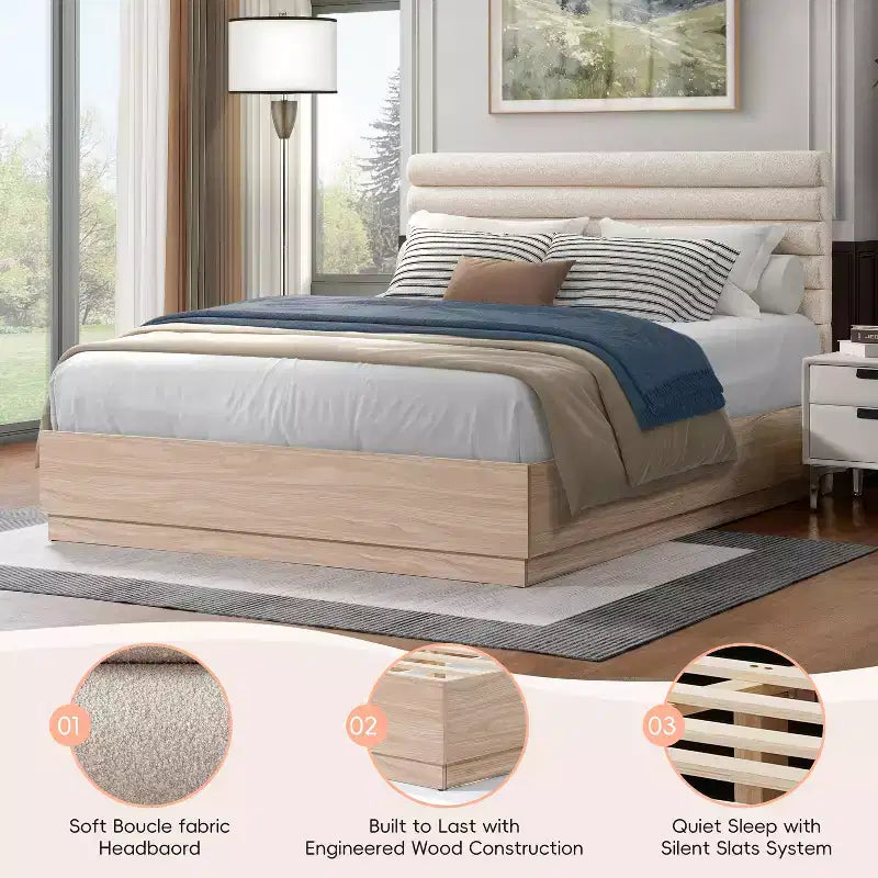 Estructura de cama de madera contemporánea Anatoli de Christopher Knight Home con cabecero tapizado de tela bouclé color topo