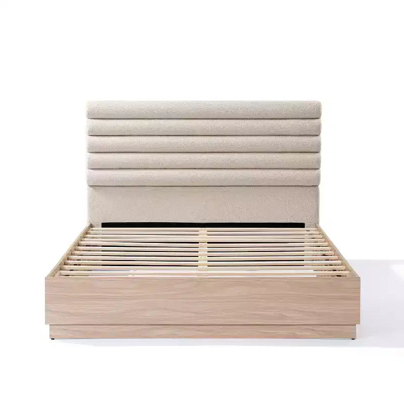 Estructura de cama de madera contemporánea Anatoli de Christopher Knight Home con cabecero tapizado de tela bouclé color topo