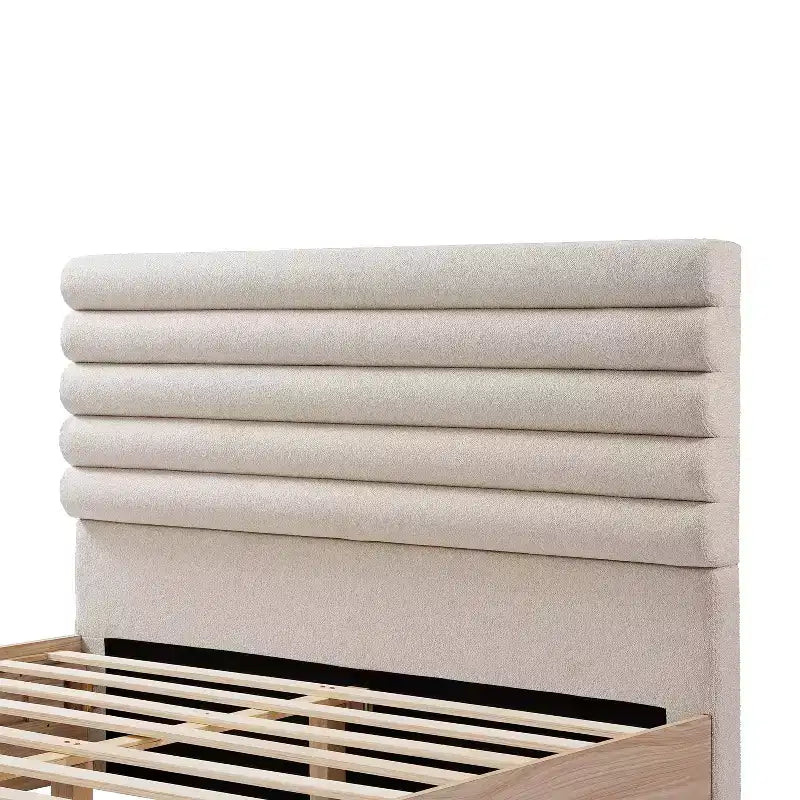 Estructura de cama de madera contemporánea Anatoli de Christopher Knight Home con cabecero tapizado de tela bouclé color topo
