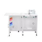 Mesa de costura artesanal plegable con estante de almacenamiento, bolsillos laterales y ruedas bloqueables, blanca