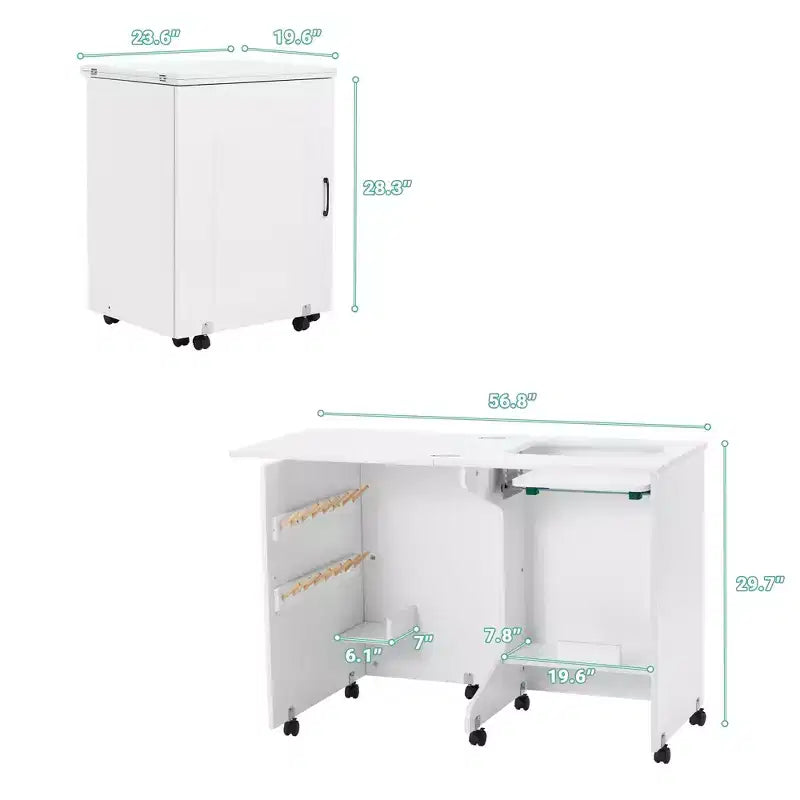 Mesa de costura artesanal plegable con estante de almacenamiento, bolsillos laterales y ruedas bloqueables, blanca