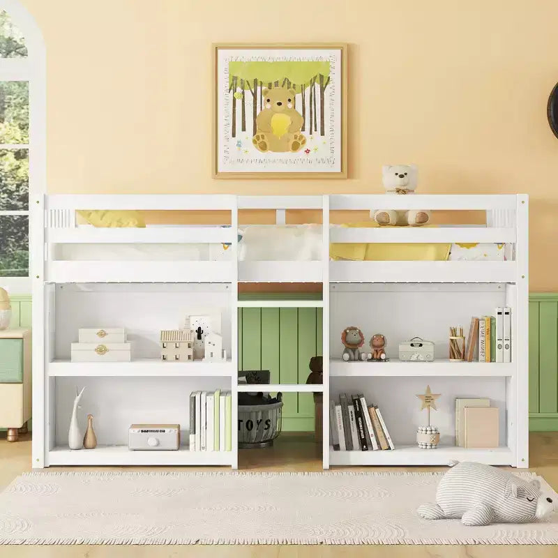 Cama alta baja para niños tamaño Twin con estantes de dos niveles, luz LED, madera de pino
