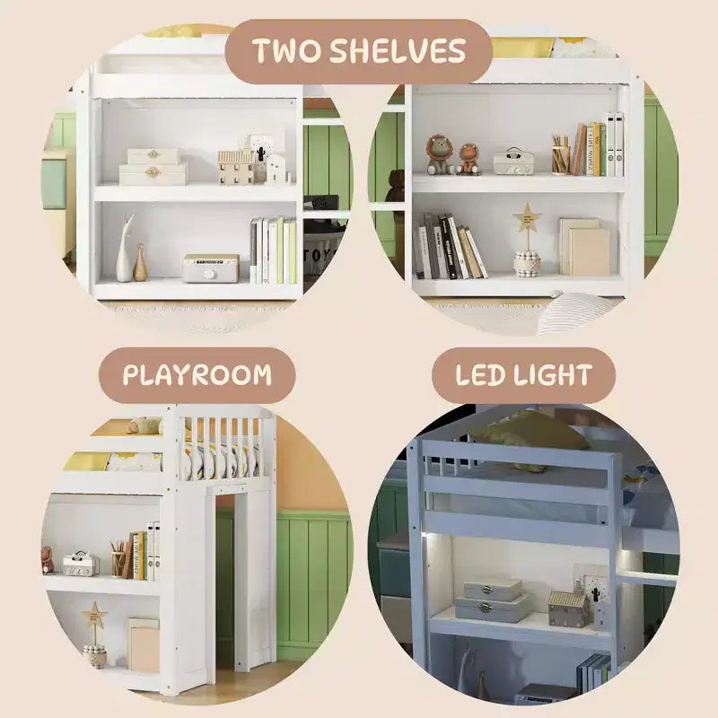 Cama alta baja para niños tamaño Twin con estantes de dos niveles, luz LED, madera de pino