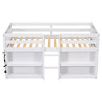 Cama alta baja para niños tamaño Twin con estantes de dos niveles, luz LED, madera de pino